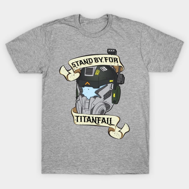 Gray t-shirt with robot helmet graphic and "Stand By For Titanfall" text, casual wear, cotton blend.