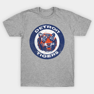 Gray Detroit Tigers logo t-shirt, vintage style, comfortable cotton, casual wear, unisex sports apparel.