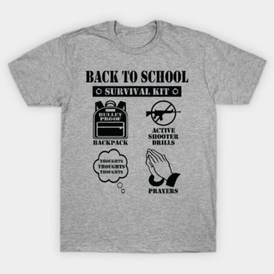 Gray "Back to School Survival Kit" t-shirt with black graphics and text, casual wear, cotton blend, unisex design.