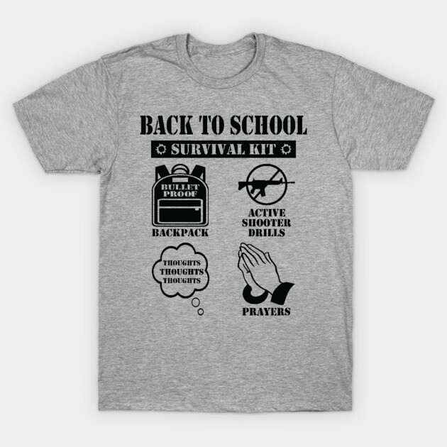 Gray "Back to School Survival Kit" t-shirt with black graphics and text, casual wear, cotton blend, unisex design.