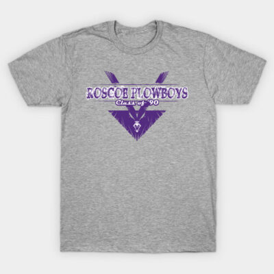 Gray T-shirt with purple "Roscoe Plowboys Class of '90" graphic, casual style, cotton material.