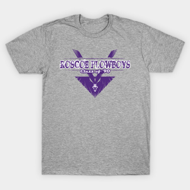 Gray T-shirt with purple "Roscoe Plowboys Class of '90" graphic, casual style, cotton material.