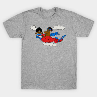 Gray cotton t-shirt with colorful cartoon design featuring characters flying among clouds, casual wear, unisex style.