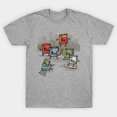 Gray cotton t-shirt with colorful periodic table superhero design, casual style, unisex, perfect for science enthusiasts.