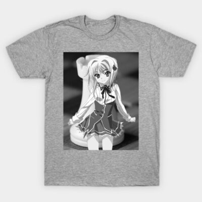 Gray t-shirt featuring anime character design with chess piece, casual wear, cotton blend, graphic tee.