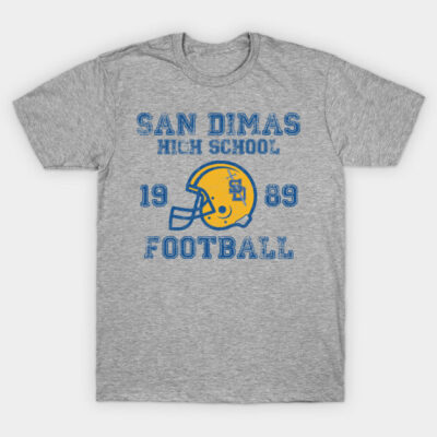 Gray cotton t-shirt with "San Dimas High School Football" yellow and blue print, casual sportswear.