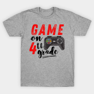 Gray "Game On 4th Grade" t-shirt with game controller graphic, perfect for gamers, made of soft cotton.