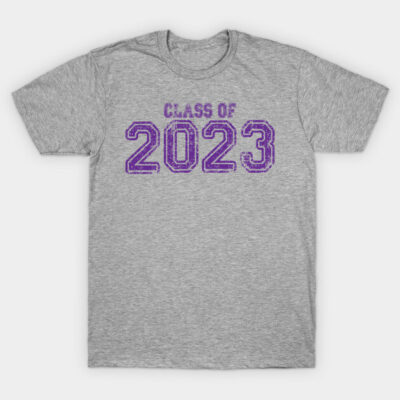 Gray "Class of 2023" T-shirt with purple text, casual style, perfect for graduates, soft cotton material.
