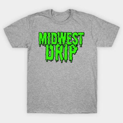 Gray t-shirt with "Midwest Drip" in bold green text, casual style, soft cotton material, perfect for everyday wear.