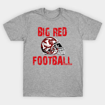 "Gray t-shirt with red 'Big Red Football' text and helmet graphic, casual sportswear, cotton blend, unisex fit."