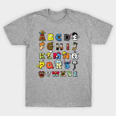 Gray unisex t-shirt with colorful cartoon alphabet design, casual style, perfect for everyday wear.
