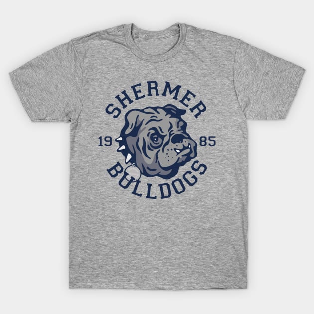 Gray Shermer Bulldogs t-shirt featuring a navy blue bulldog graphic, casual style, perfect for everyday wear.