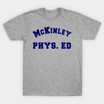 Gray cotton t-shirt with "McKinley Phys. Ed" in bold navy text, casual athletic wear.