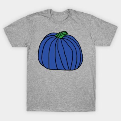 Gray t-shirt with blue pumpkin graphic, casual style, cotton material, ideal for everyday wear.