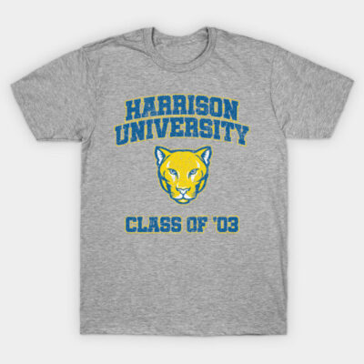 Gray Harrison University T-shirt, Class of '03 design, featuring yellow panther logo, cotton material.