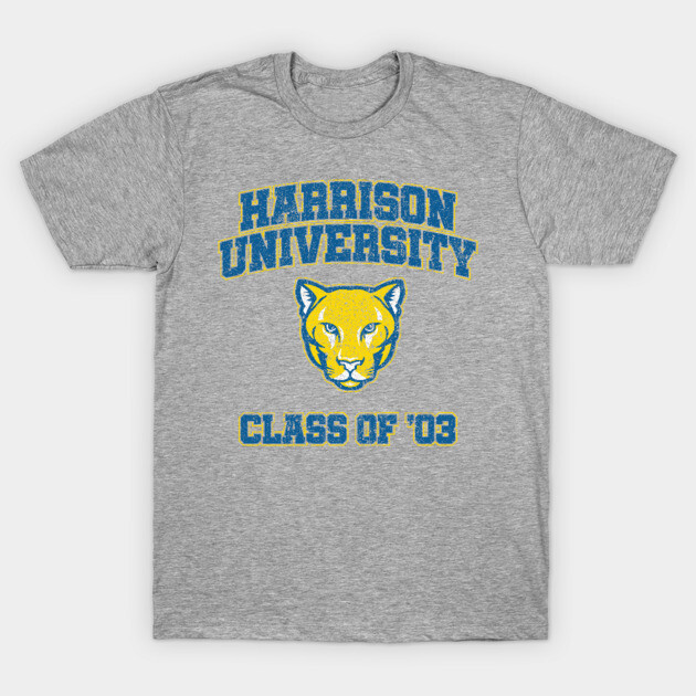 Gray Harrison University T-shirt, Class of '03 design, featuring yellow panther logo, cotton material.