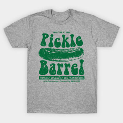 Gray t-shirt with green "Pickle Barrel" graphic, casual cotton tee, perfect for deli lovers and casual outings.