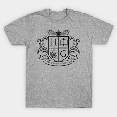 Gray T-shirt with black school emblem design, casual style, cotton material, perfect for everyday wear.