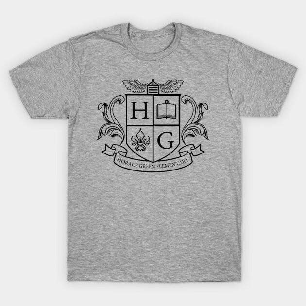 Gray T-shirt with black school emblem design, casual style, cotton material, perfect for everyday wear.