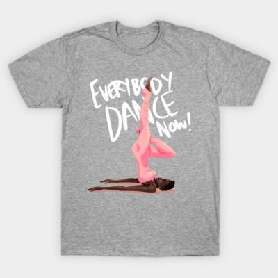 Gray t-shirt with "Everybody Dance Now!" text and dancer graphic, casual wear, cotton blend, unisex style.