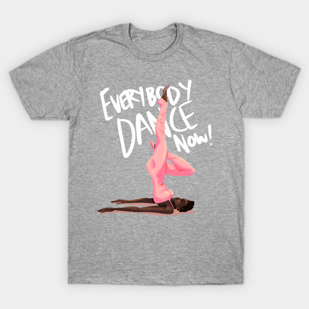 Gray t-shirt with "Everybody Dance Now!" text and dancer graphic, casual wear, cotton blend, unisex style.