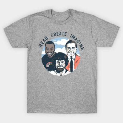 Gray t-shirt with "Read Create Imagine" design, featuring illustrated figures, perfect for casual wear and creativity lovers.