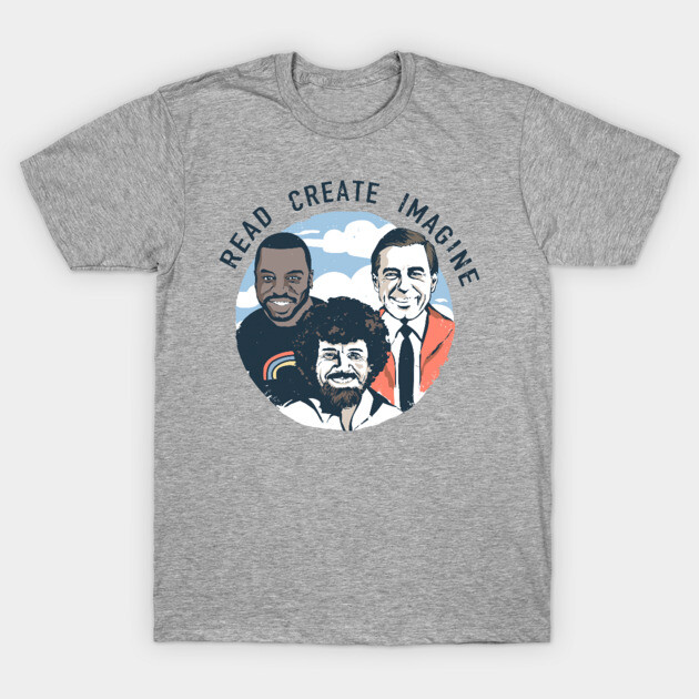 Gray t-shirt with "Read Create Imagine" design, featuring illustrated figures, perfect for casual wear and creativity lovers.