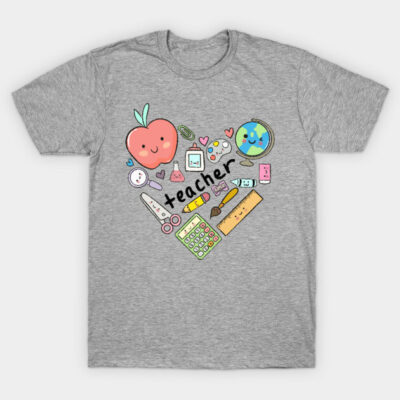 Gray teacher-themed t-shirt with colorful school supplies design, featuring apple, globe, and ruler graphics.