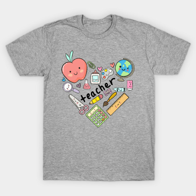 Gray teacher-themed t-shirt with colorful school supplies design, featuring apple, globe, and ruler graphics.