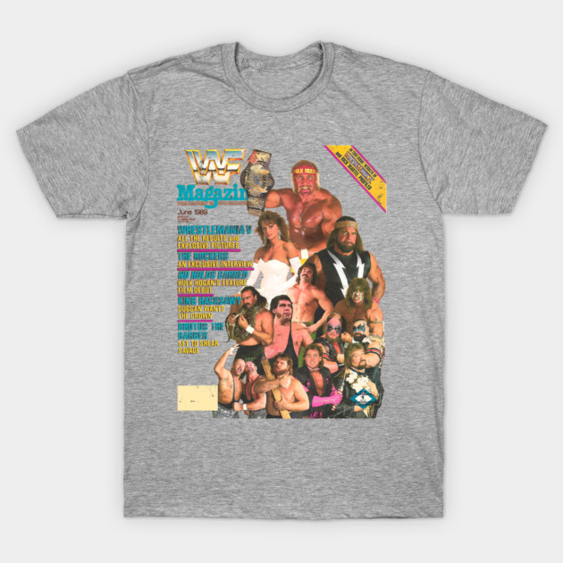 Gray unisex t-shirt featuring a retro wrestling magazine cover design, perfect for casual wear and vintage style lovers.