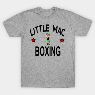 Gray "Little Mac Boxing" graphic t-shirt, short-sleeve, casual wear, featuring a boxing theme with stars.
