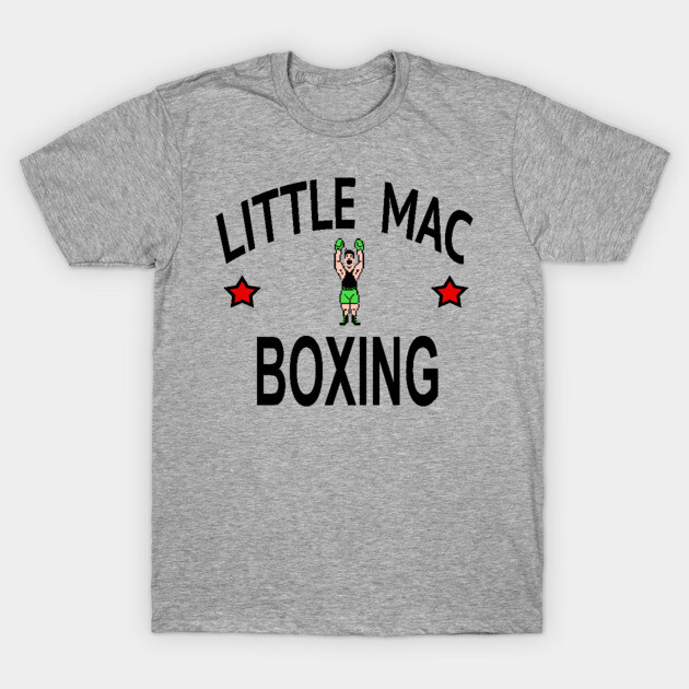 Gray "Little Mac Boxing" graphic t-shirt, short-sleeve, casual wear, featuring a boxing theme with stars.