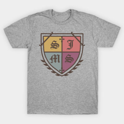 Gray unisex t-shirt with colorful shield emblem design, casual wear, cotton material, ideal for daily use.