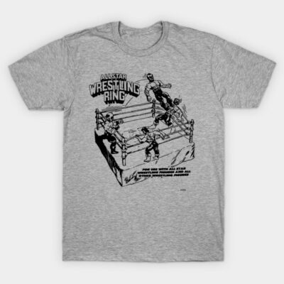 Gray t-shirt with vintage wrestling ring graphic, cotton material, casual style, ideal for sports or leisure wear.