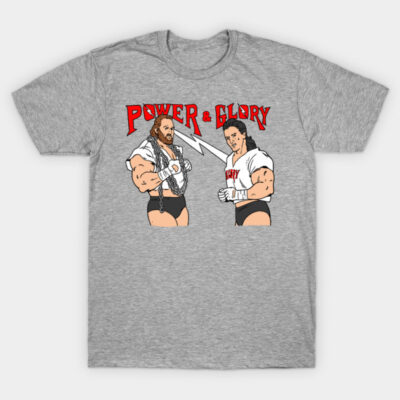 Gray t-shirt featuring retro wrestling design with "Power & Glory" text, ideal for casual wear, cotton material.