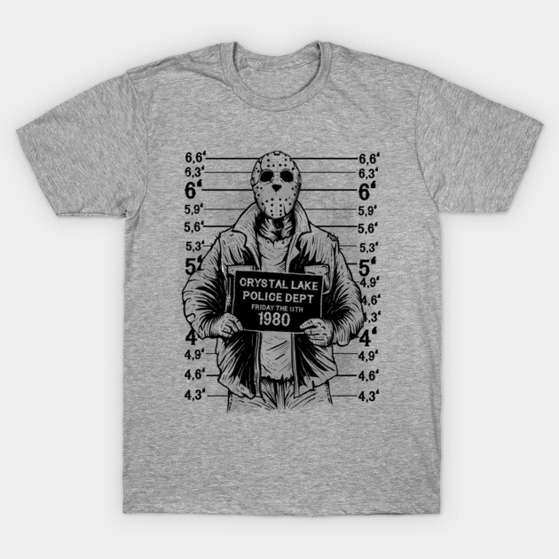 Gray graphic t-shirt featuring a masked figure with a mugshot design, perfect for casual wear or themed events.