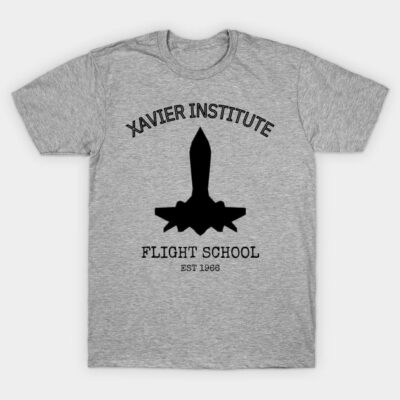 Gray cotton t-shirt with "Xavier Institute Flight School" text and jet graphic, casual style, unisex design.