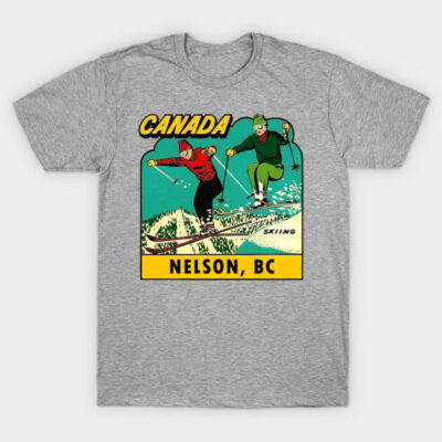 Gray t-shirt featuring vintage skiing graphic with "Canada Nelson, BC" text, ideal for casual wear.