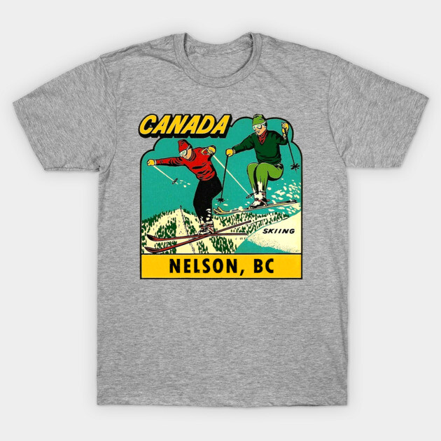 Gray t-shirt featuring vintage skiing graphic with "Canada Nelson, BC" text, ideal for casual wear.