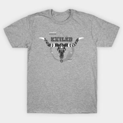 Gray t-shirt with tribal bull skull design and "Exiled" text, casual style, suitable for everyday wear.