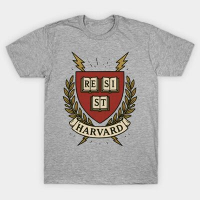 Gray t-shirt with "Resist Harvard" crest design, featuring red, gold, and black accents. Casual unisex cotton tee.