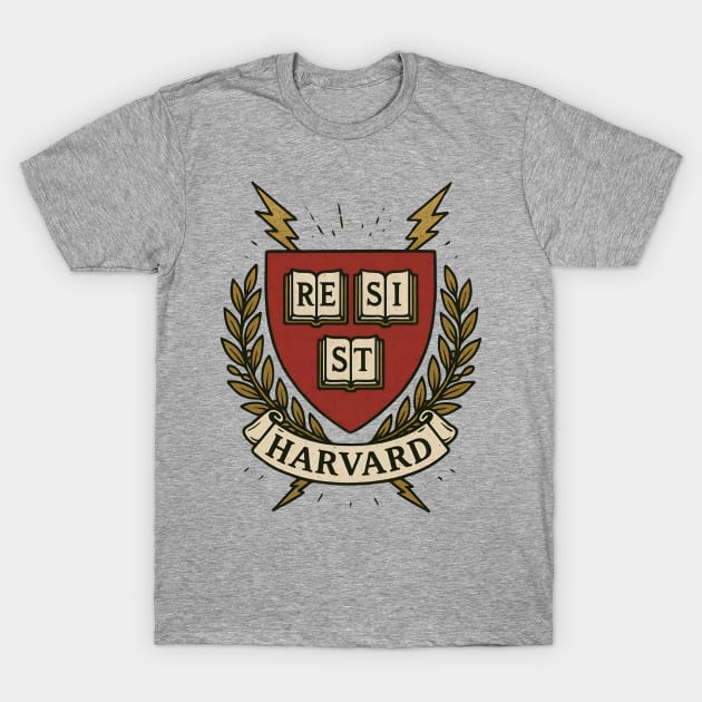 Gray t-shirt with "Resist Harvard" crest design, featuring red, gold, and black accents. Casual unisex cotton tee.
