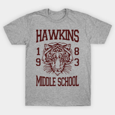 Gray t-shirt with maroon "Hawkins Middle School 1983" print and tiger graphic, casual cotton apparel for everyday wear.