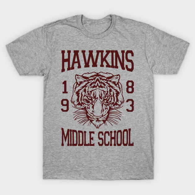 Gray t-shirt with maroon "Hawkins Middle School 1983" print and tiger graphic, casual cotton apparel for everyday wear.