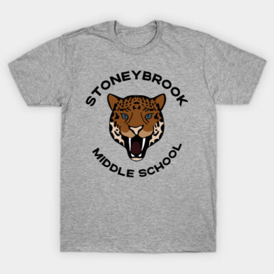 Heather gray t-shirt with "Stoneybrook Middle School" text and leopard graphic, perfect for casual wear or school events.