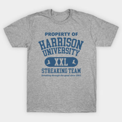 Gray graphic t-shirt featuring "Harrison University" text in blue, casual style, cotton material, perfect for casual wear.