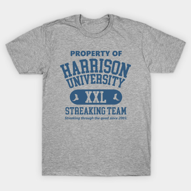 Gray graphic t-shirt featuring "Harrison University" text in blue, casual style, cotton material, perfect for casual wear.