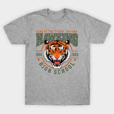 Gray Hawkins High School t-shirt with tiger graphic, vintage style, cotton material, casual wear, unisex design.
