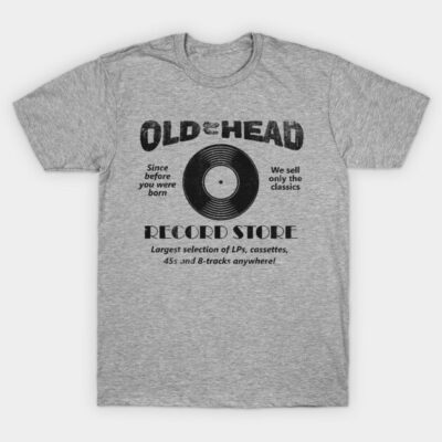 Gray unisex t-shirt with a vintage record store design, featuring black vinyl graphic and retro text. Cotton material.