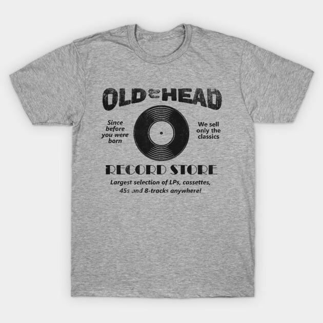 Gray unisex t-shirt with a vintage record store design, featuring black vinyl graphic and retro text. Cotton material.